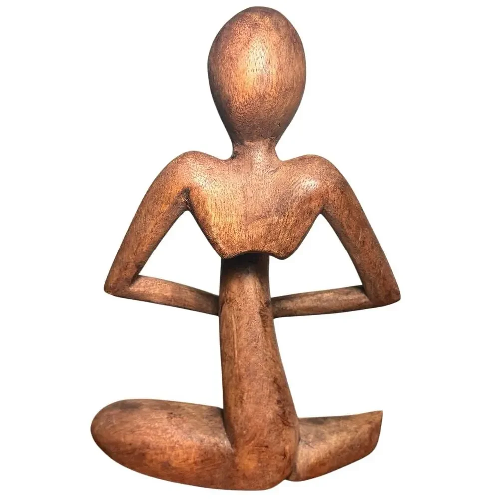 Vintage Hand Carved Wood Abstract Thinker Sculpture Modernist Seated Figurine